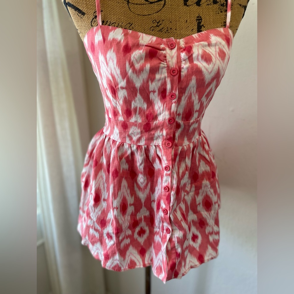 100% LINEN Pink peplum babydoll tank top ikat pattern button up